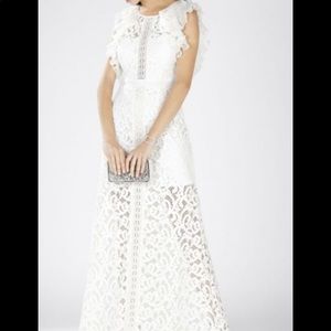 BCBG WHITE LACE CHIFFON RUFFLE GOWN MAXI